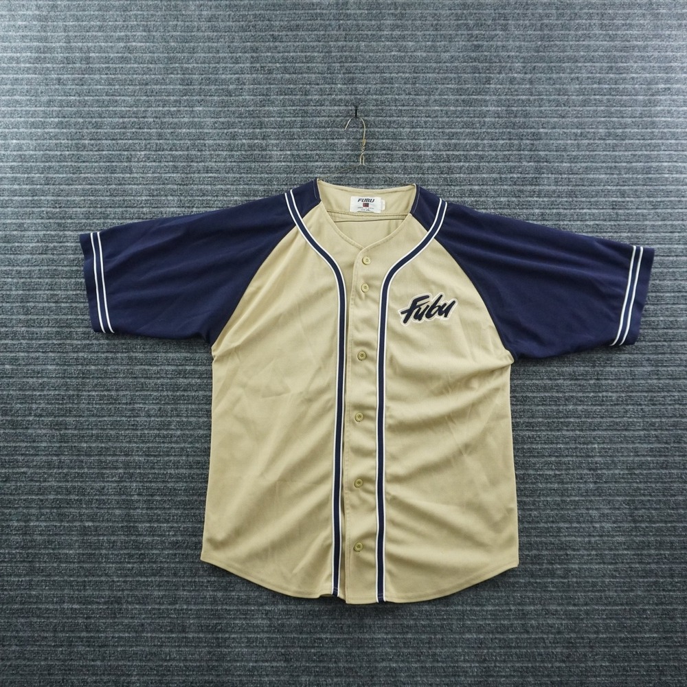 FUBU Baseball Jersey Mens XL Tan Navy Blue Vintage 90s Embroidered Logo